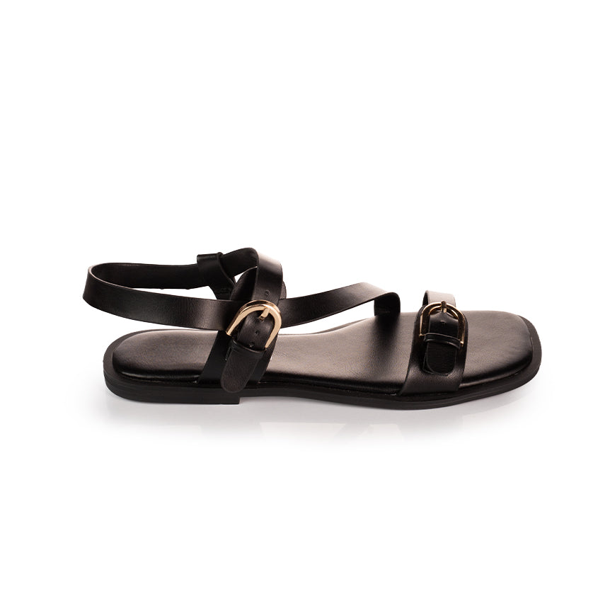 Double Buckle Strappy Flat Sandals